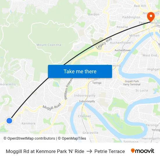 Moggill Rd at Kenmore Park 'N' Ride to Petrie Terrace map