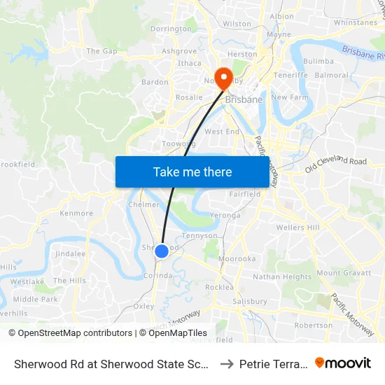 Sherwood Rd at Sherwood State School to Petrie Terrace map