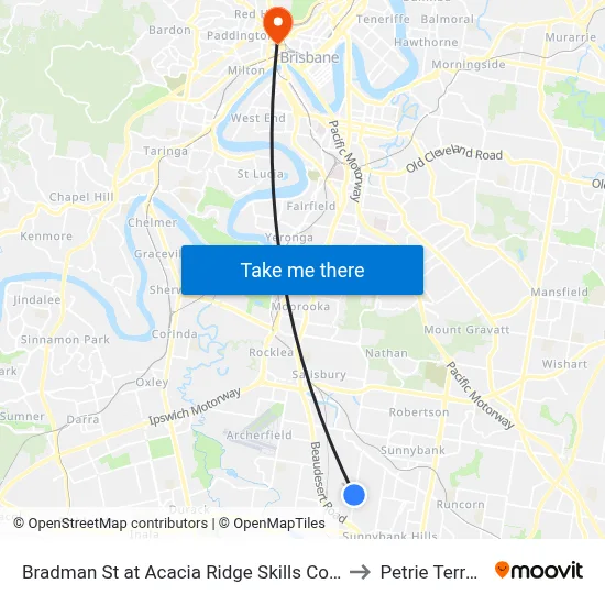 Bradman St at Acacia Ridge Skills College to Petrie Terrace map