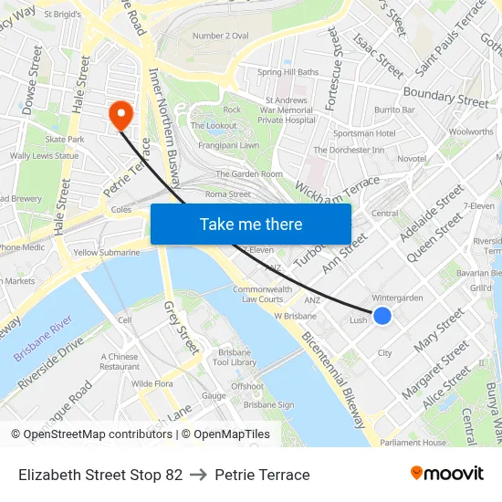 Elizabeth Street Stop 82 to Petrie Terrace map
