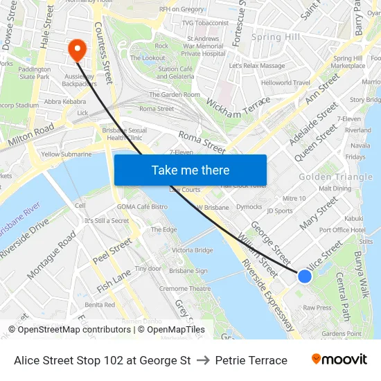 Alice Street Stop 102 at George St to Petrie Terrace map
