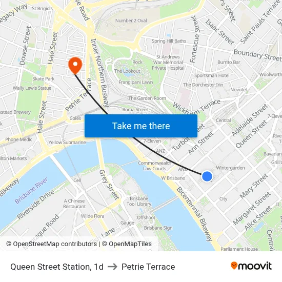 Queen Street Station, 1d to Petrie Terrace map