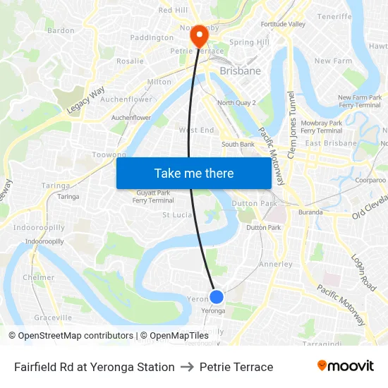 Fairfield Rd at Yeronga Station to Petrie Terrace map