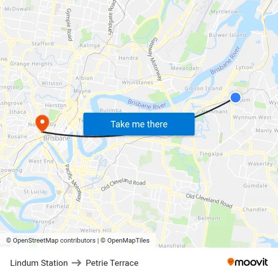 Lindum Station to Petrie Terrace map