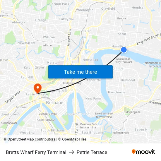 Bretts Wharf Ferry Terminal to Petrie Terrace map