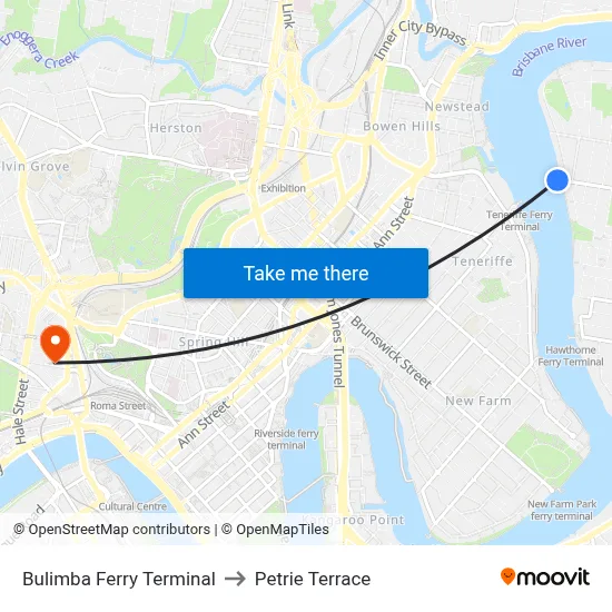 Bulimba Ferry Terminal to Petrie Terrace map