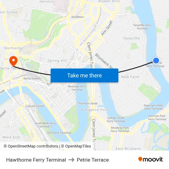 Hawthorne Ferry Terminal to Petrie Terrace map