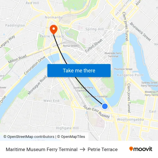 Maritime Museum Ferry Terminal to Petrie Terrace map