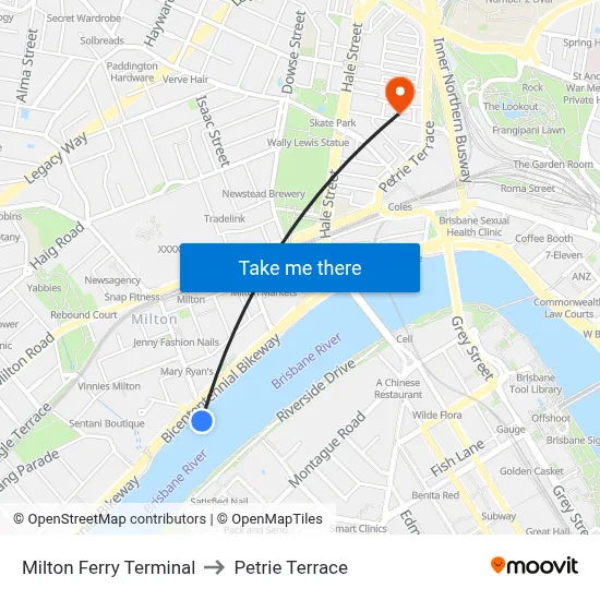 Milton Ferry Terminal to Petrie Terrace map