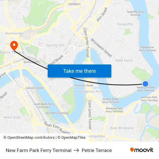 New Farm Park Ferry Terminal to Petrie Terrace map