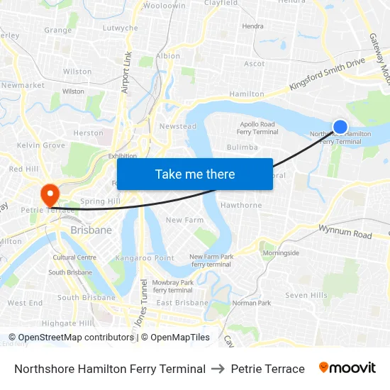 Northshore Hamilton Ferry Terminal to Petrie Terrace map