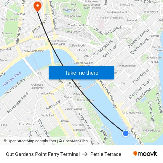 Qut Gardens Point Ferry Terminal to Petrie Terrace map