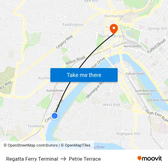 Regatta Ferry Terminal to Petrie Terrace map