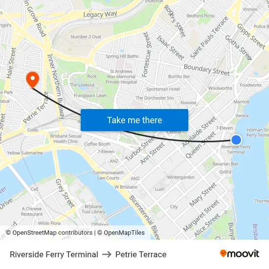 Riverside Ferry Terminal to Petrie Terrace map
