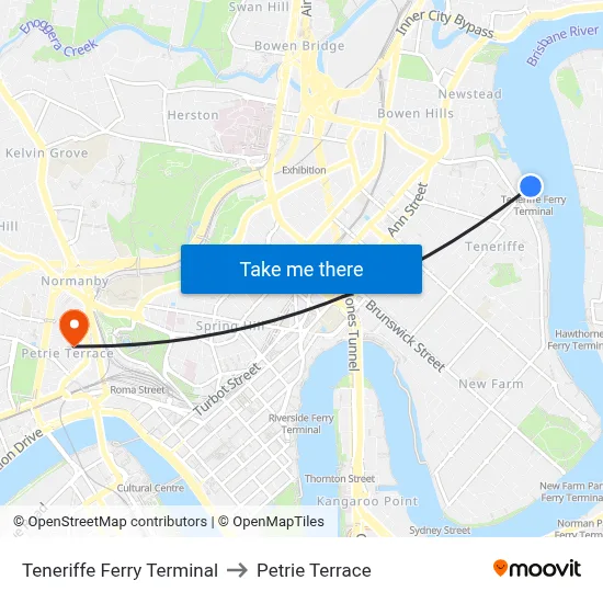 Teneriffe Ferry Terminal to Petrie Terrace map