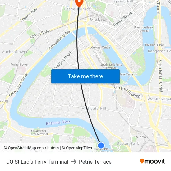UQ St Lucia Ferry Terminal to Petrie Terrace map