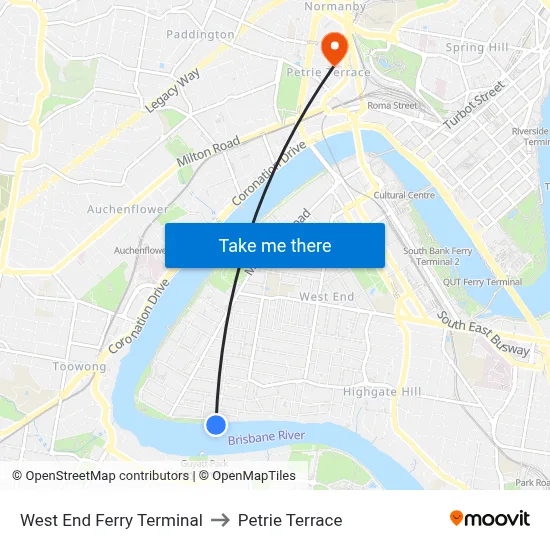 West End Ferry Terminal to Petrie Terrace map