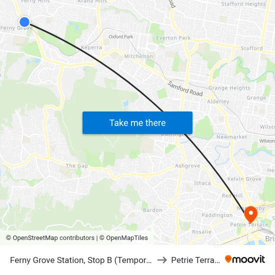 Ferny Grove Station, Stop B (Temporary) to Petrie Terrace map
