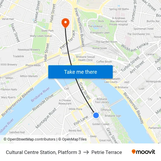 Cultural Centre Station, Platform 3 to Petrie Terrace map