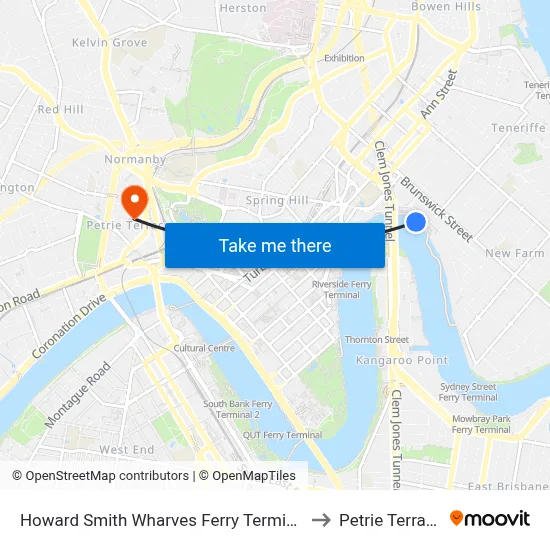 Howard Smith Wharves Ferry Terminal to Petrie Terrace map