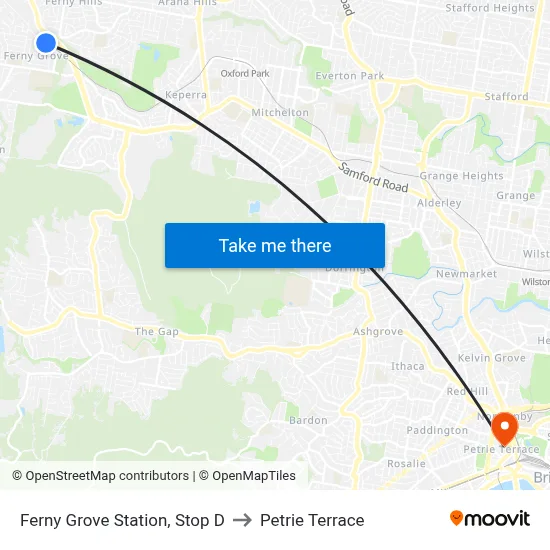 Ferny Grove Station, Stop D to Petrie Terrace map
