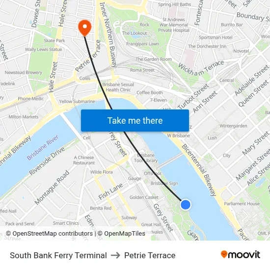 South Bank Ferry Terminal to Petrie Terrace map