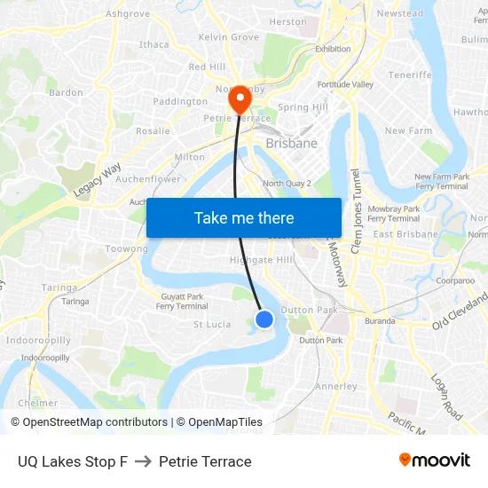 UQ Lakes Stop F to Petrie Terrace map