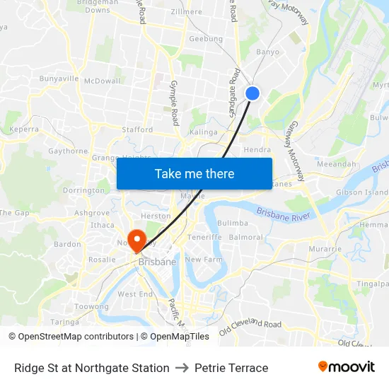 Ridge St at Northgate Station to Petrie Terrace map