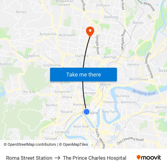 Roma Street Station to The Prince Charles Hospital map