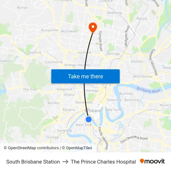 South Brisbane Station to The Prince Charles Hospital map