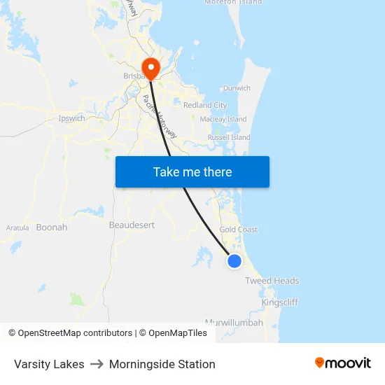 Varsity Lakes to Morningside Station map