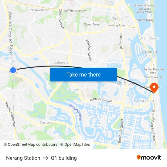 Nerang Station to Q1 building map