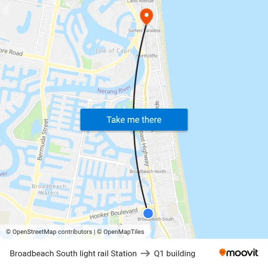 Broadbeach South light rail Station to Q1 building map