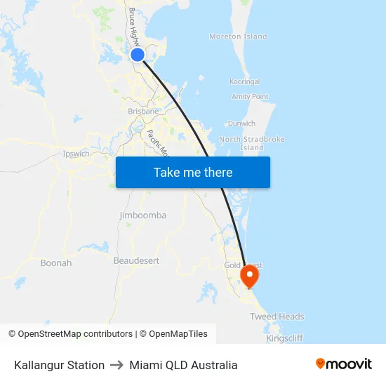 Kallangur Station to Miami QLD Australia map