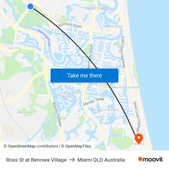 Ross St at Benowa Village to Miami QLD Australia map