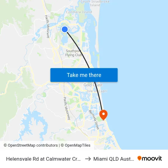 Helensvale Rd at Calmwater Crescent to Miami QLD Australia map