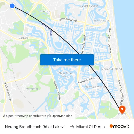 Nerang Broadbeach Rd at Lakeview Drive to Miami QLD Australia map