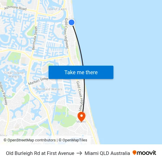 Old Burleigh Rd at First Avenue to Miami QLD Australia map