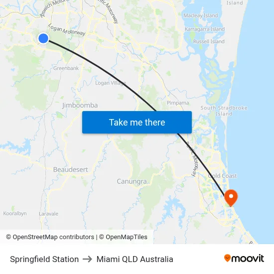 Springfield Station to Miami QLD Australia map