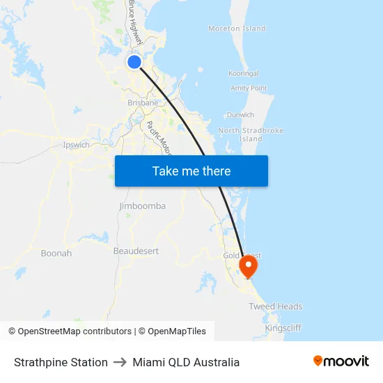 Strathpine Station to Miami QLD Australia map