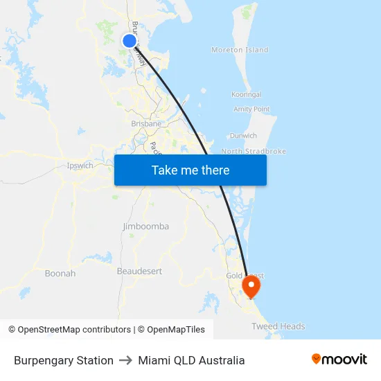 Burpengary Station to Miami QLD Australia map