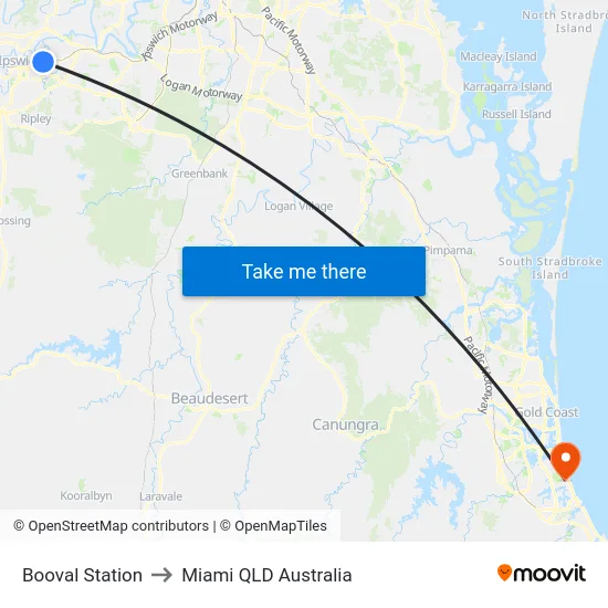 Booval Station to Miami QLD Australia map