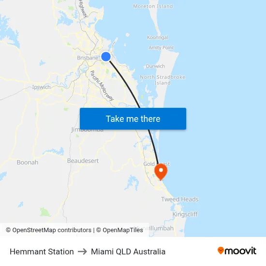 Hemmant Station to Miami QLD Australia map