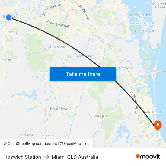 Ipswich Station to Miami QLD Australia map