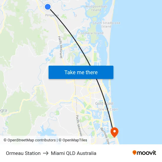Ormeau Station to Miami QLD Australia map