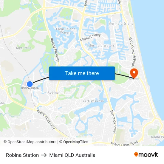 Robina Station to Miami QLD Australia map