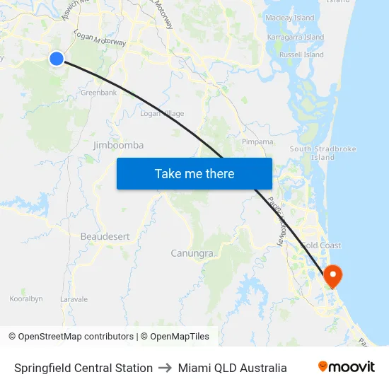 Springfield Central Station to Miami QLD Australia map