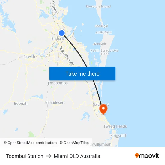 Toombul Station to Miami QLD Australia map