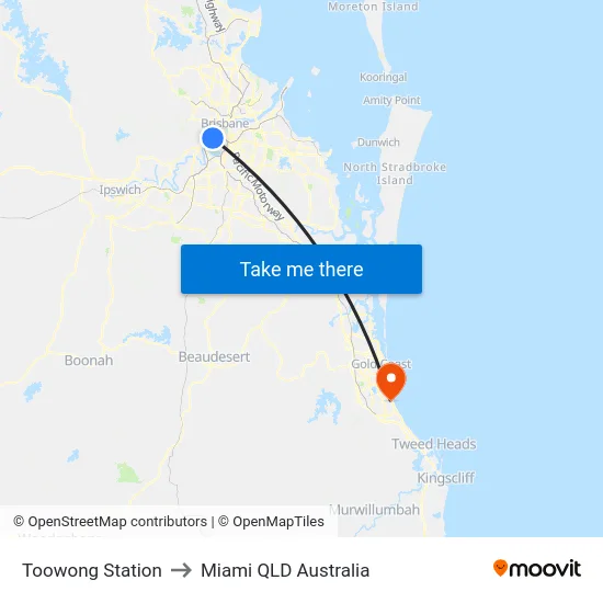 Toowong Station to Miami QLD Australia map
