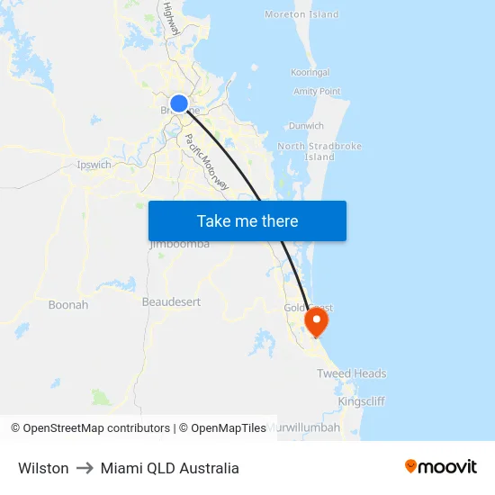 Wilston to Miami QLD Australia map